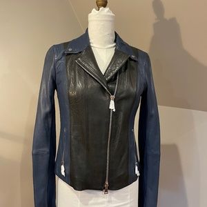 Vince Womens Leather Jacket Medium new with tags Black with Blue accents.